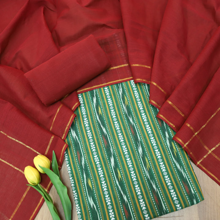 Droupadi Mohito Green All Over Thread and Sambhalpuri Ikkat Style Weaved Cotton Set