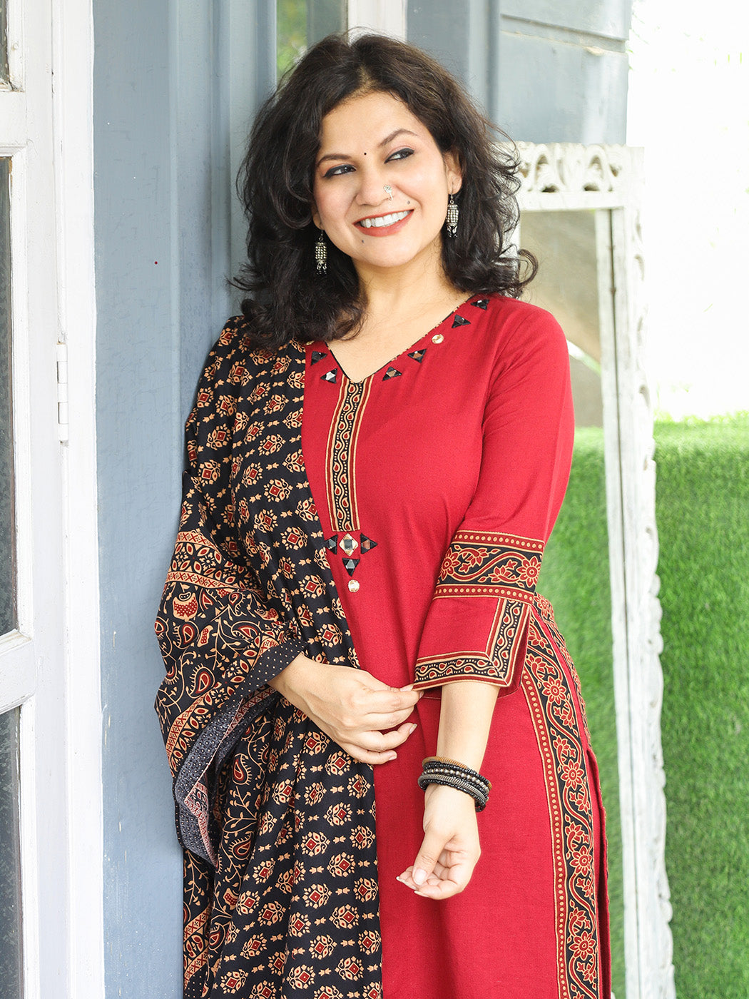 Veda Berry Red Ajrak Printed Border Work Cotton 3 Piece Set