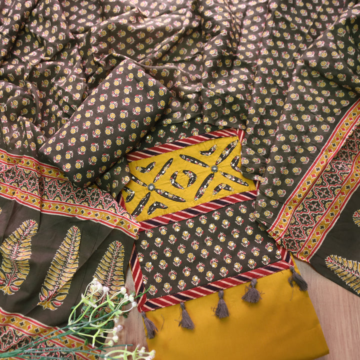 Raashi Dandelion Yellow Applique Patch Yoke Cotton Suit Set