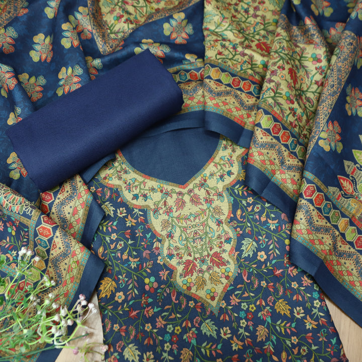 सिन्दूरी Royal Blue Digital Kashmiri Printed Semi Pashmina Winter Suit Set