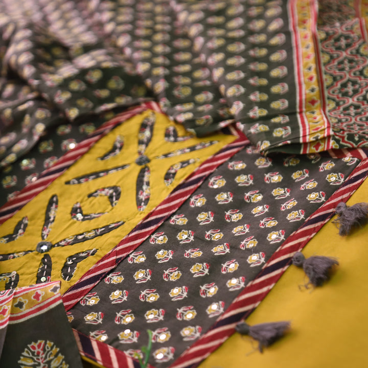 Raashi Dandelion Yellow Applique Patch Yoke Cotton Suit Set