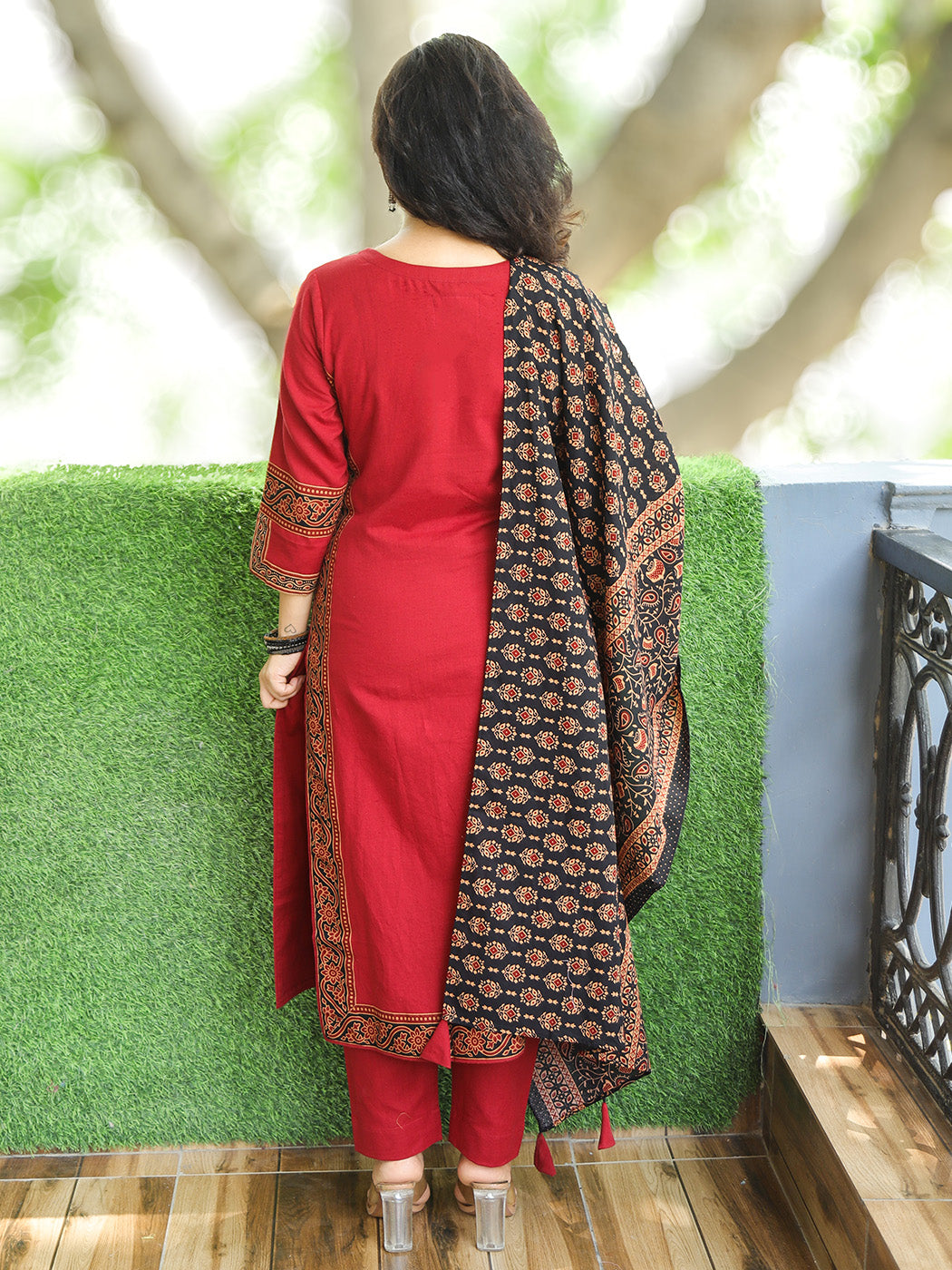 Veda Berry Red Ajrak Printed Border Work Cotton 3 Piece Set