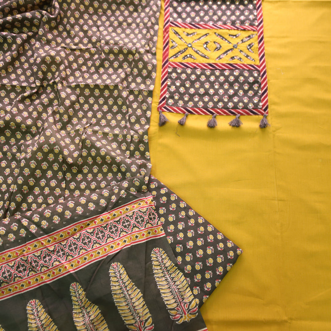 Raashi Dandelion Yellow Applique Patch Yoke Cotton Suit Set