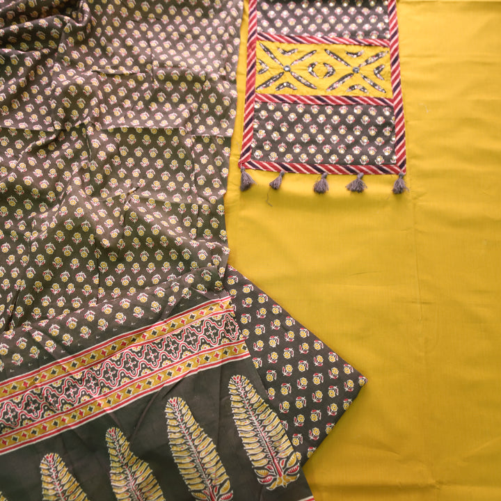 Raashi Dandelion Yellow Applique Patch Yoke Cotton Suit Set