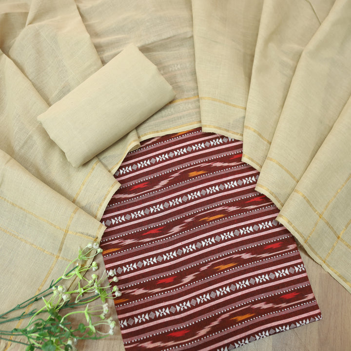 Droupadi Maroon Wine All Over Thread and Ikkat Style Weaved South Cotton Set