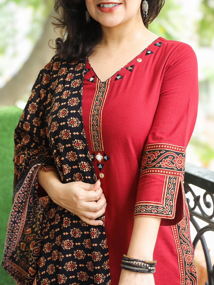 Veda Berry Red Ajrak Printed Border Work Cotton 3 Piece Set