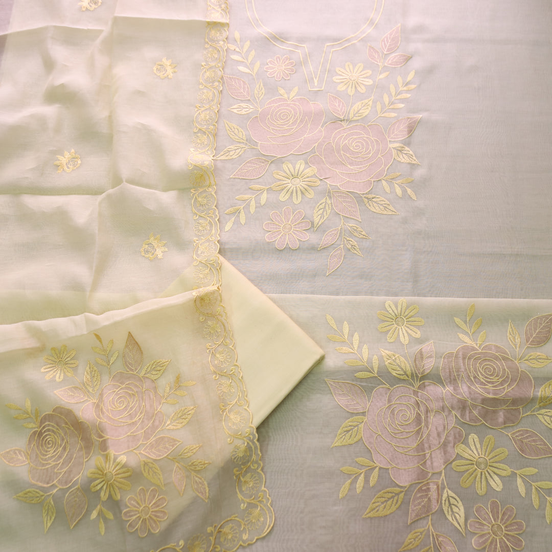 Maria Butter Yellow Embroidery and Zari Mul Chanderi Set