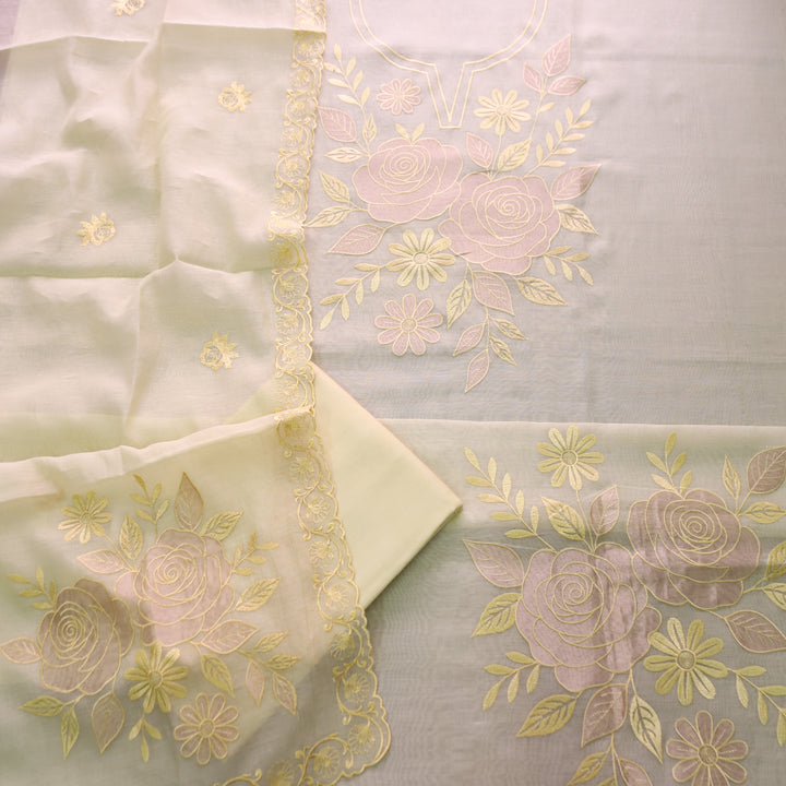 Maria Butter Yellow Embroidery and Zari Mul Chanderi Set
