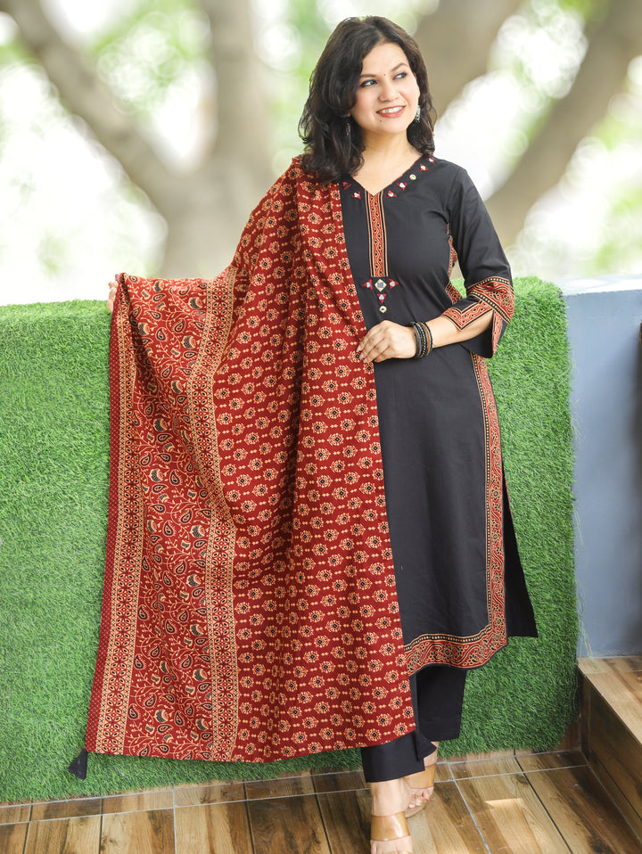 Veda Ebony Black Ajrak Printed Border Work Cotton 3 Piece Set