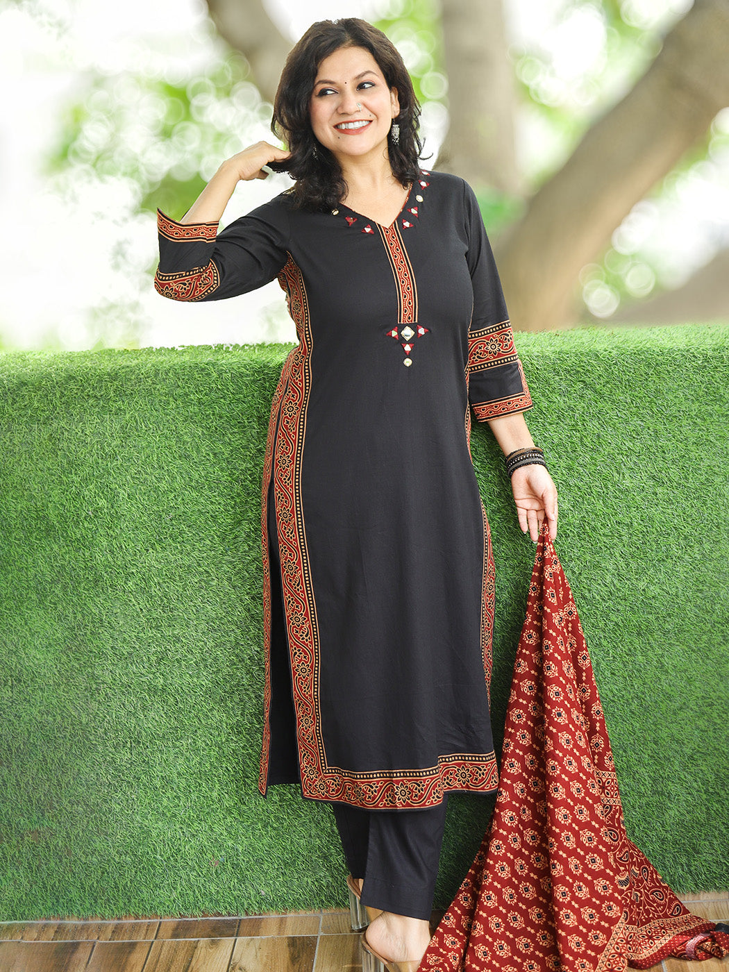Veda Ebony Black Ajrak Printed Border Work Cotton 3 Piece Set