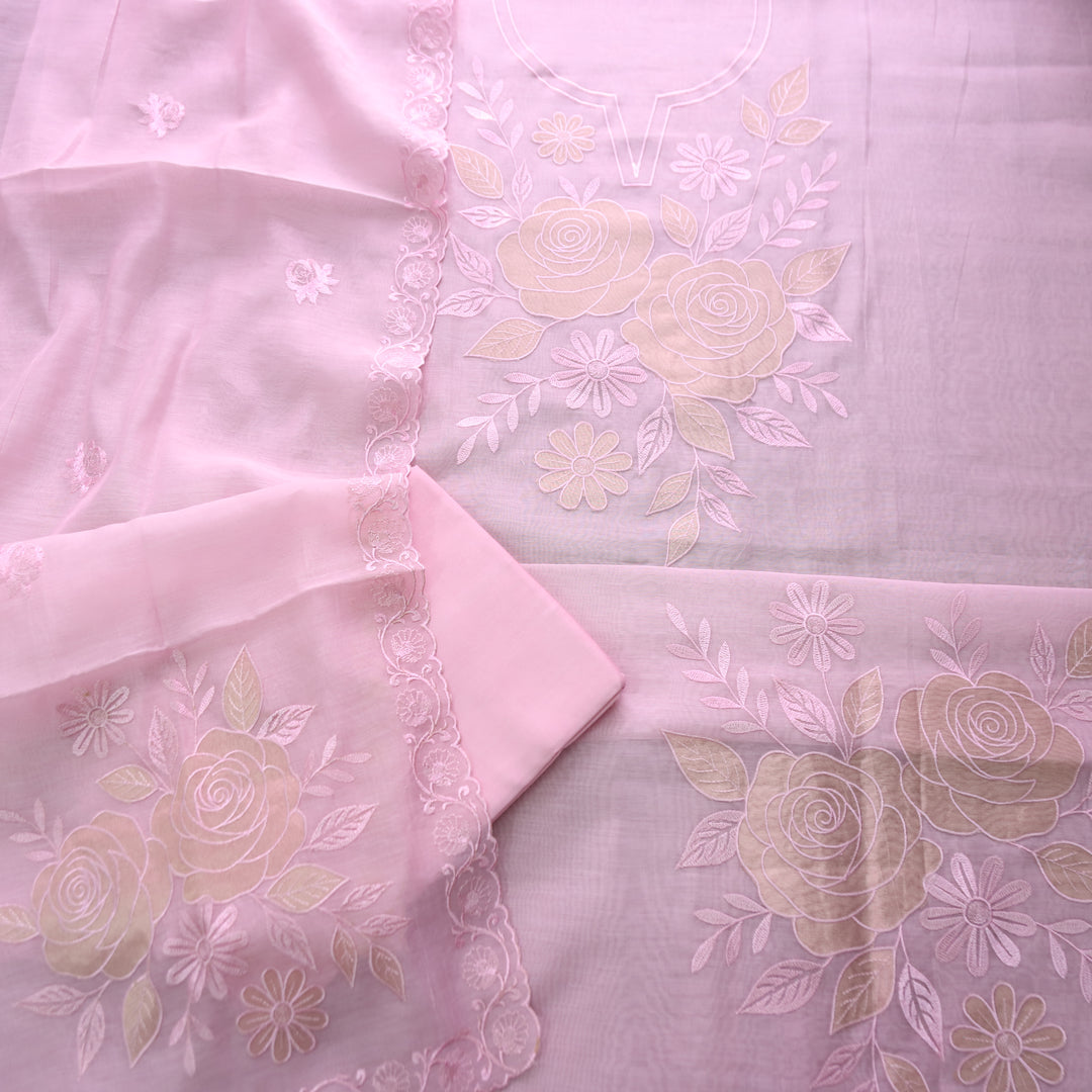 Maria Candy Pink Embroidery and Zari Mul Chanderi Set