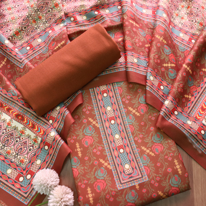 नखरीली Rust Orange All Over Digital Floral Printed Semi Pashmina Winter Set