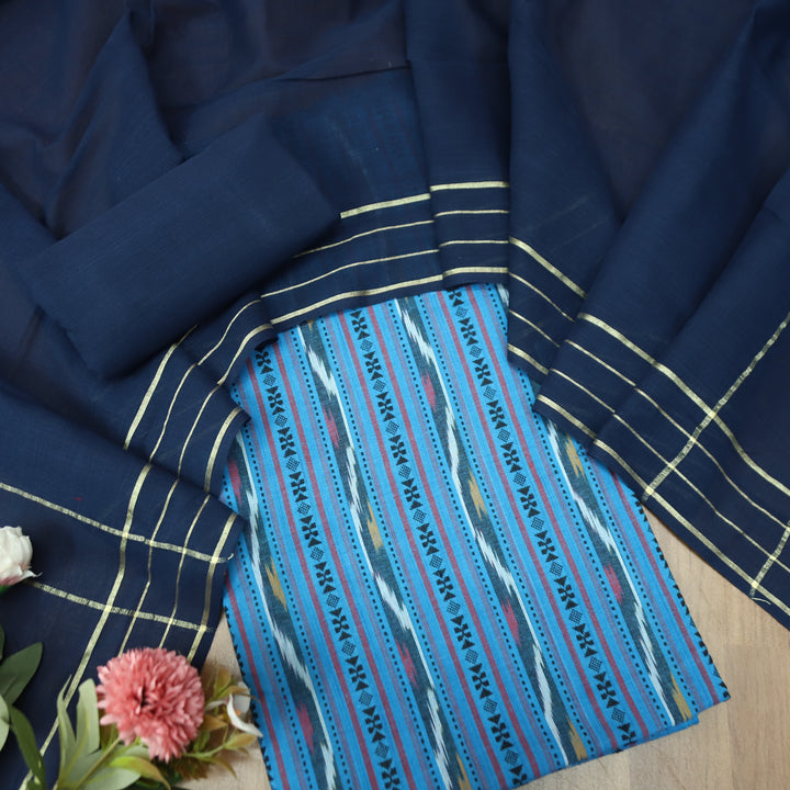 Droupadi Aqua Ocean All Over Thread and Sambhalpuri Ikkat Style Weaved Cotton Set
