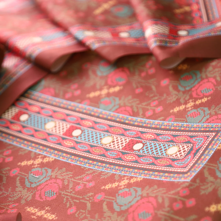 नखरीली Rust Orange All Over Digital Floral Printed Semi Pashmina Winter Set