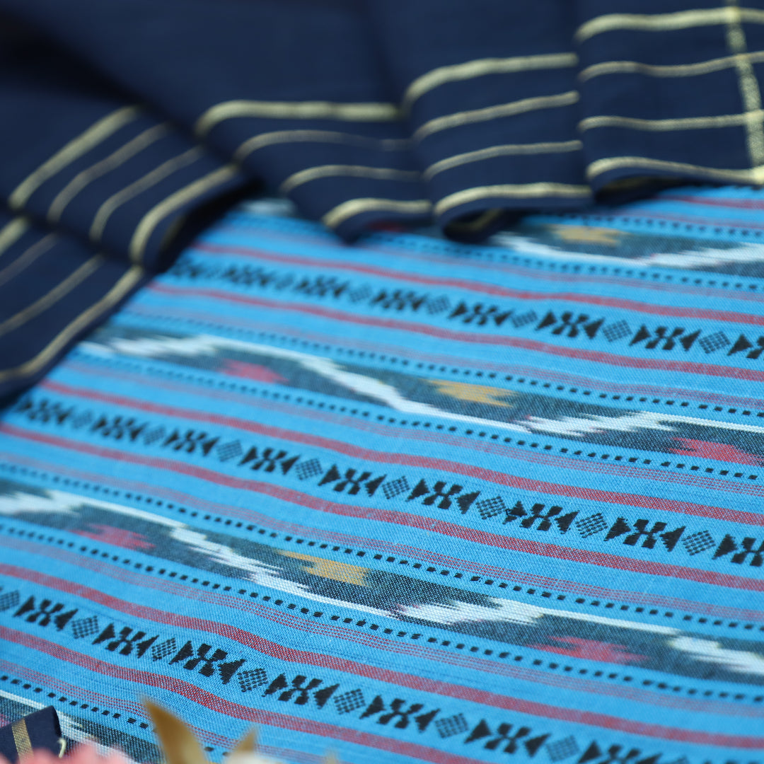 Droupadi Aqua Ocean All Over Thread and Sambhalpuri Ikkat Style Weaved Cotton Set