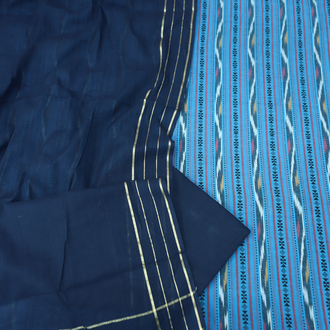 Droupadi Aqua Ocean All Over Thread and Sambhalpuri Ikkat Style Weaved Cotton Set