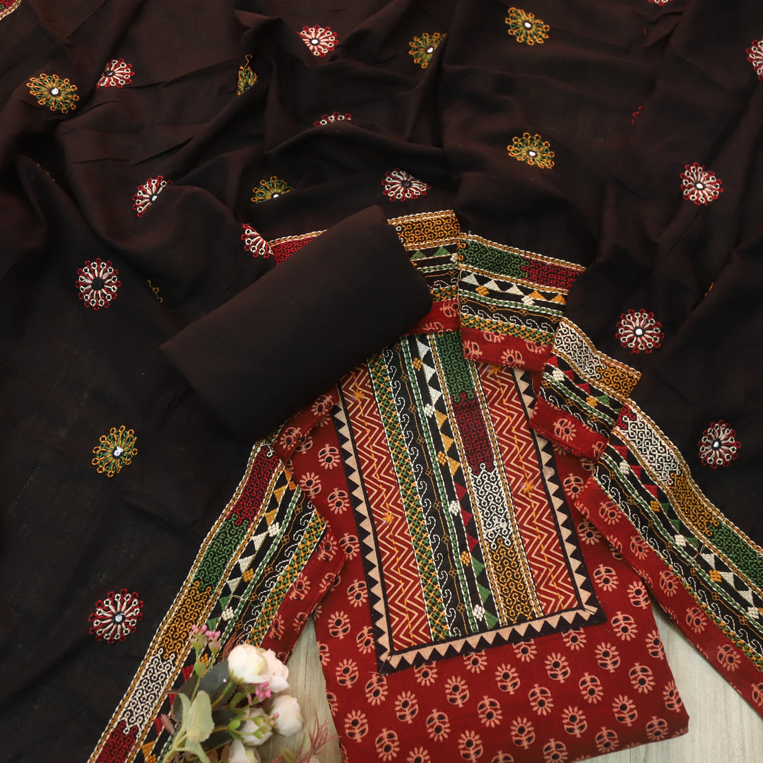 Khairiyat Cherry Red Kutch Patch Work Cotton Top With Cotton Dupatta Set D2
