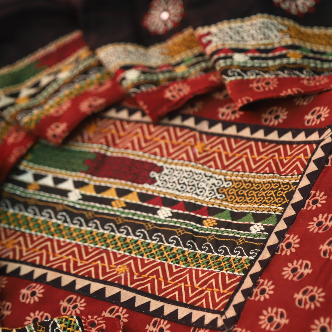 Khairiyat Cherry Red Kutch Patch Work Cotton Top With Cotton Dupatta Set D2