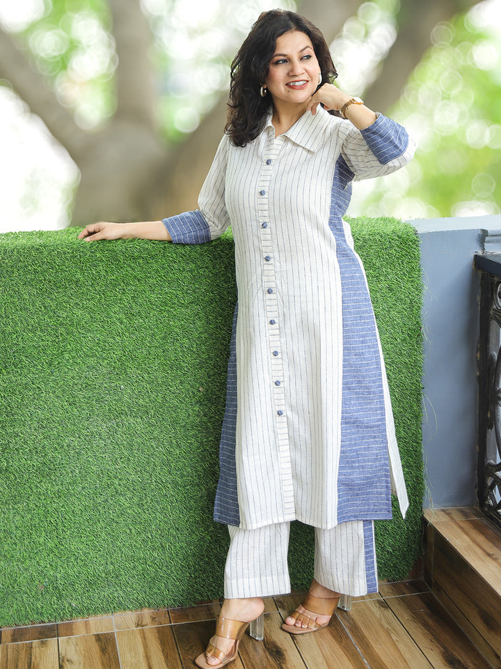 Reet White Panel Button Down Stripe Woven Linen Co-ord Set