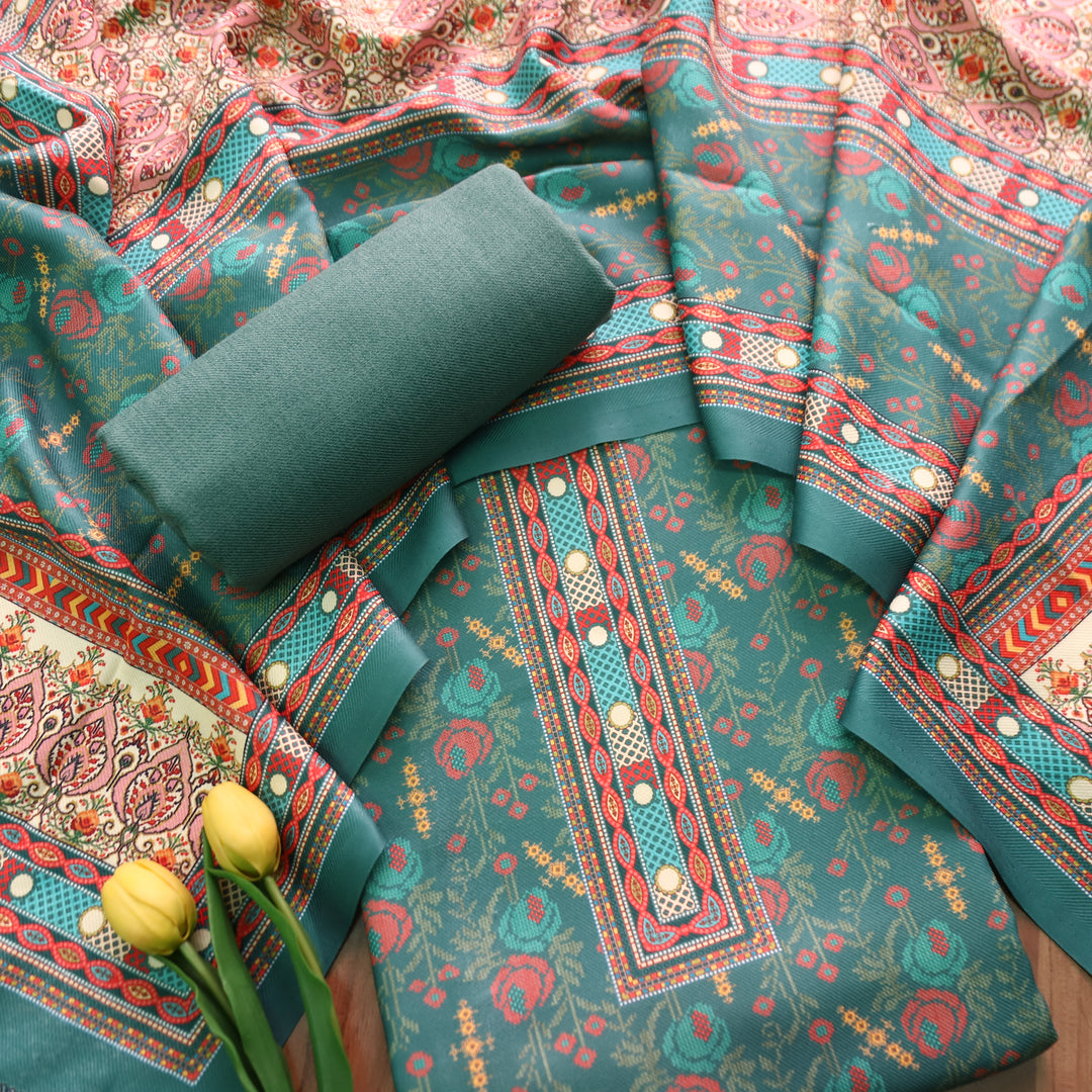 नखरीली Forest Green All Over Digital Floral Printed Semi Pashmina Winter Set