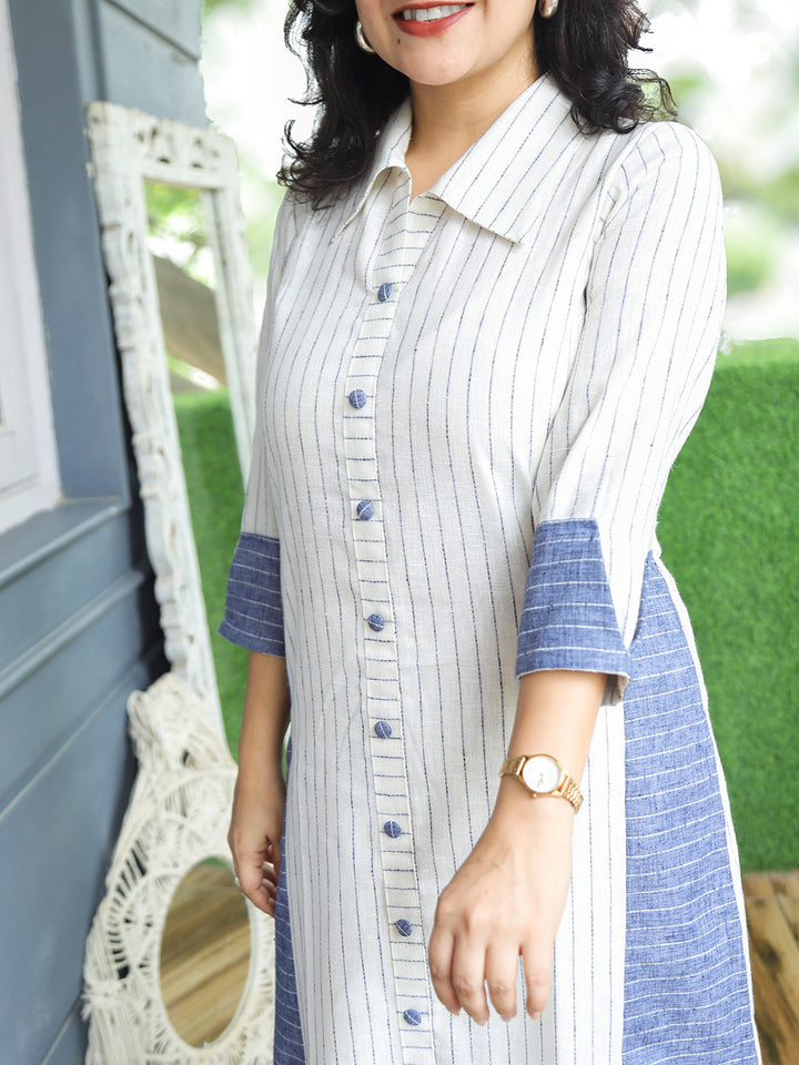 Reet White Panel Button Down Stripe Woven Linen Co-ord Set