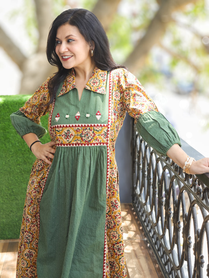 Joe Green Mirror Work Kalamkari Cotton Dress