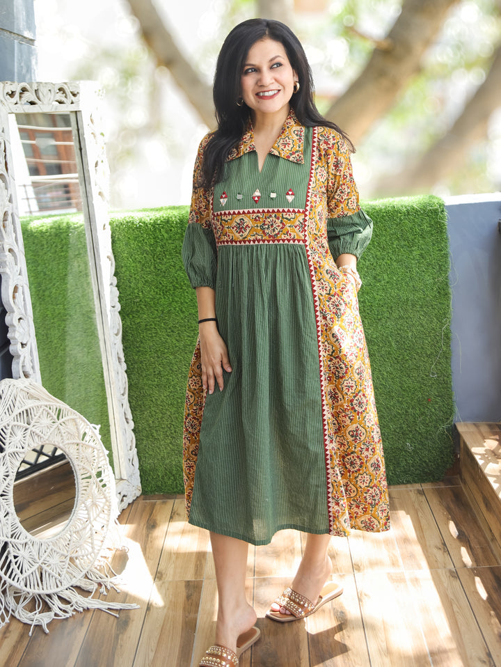 Joe Green Mirror Work Kalamkari Cotton Dress