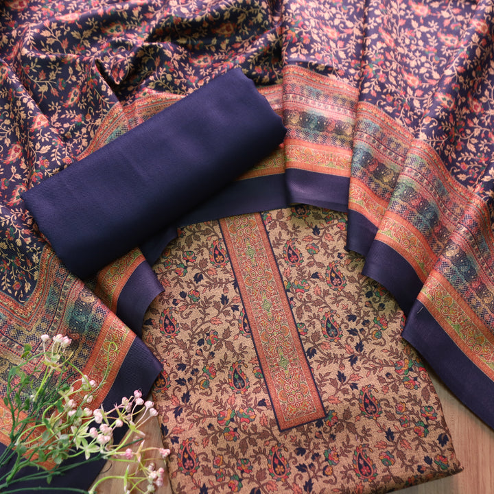 कल्याणी Beige with Blue All Over Kanni Floral Printed Semi Pashmina Winter Set