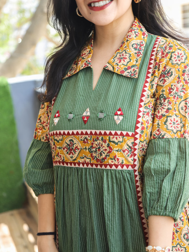 Joe Green Mirror Work Kalamkari Cotton Dress