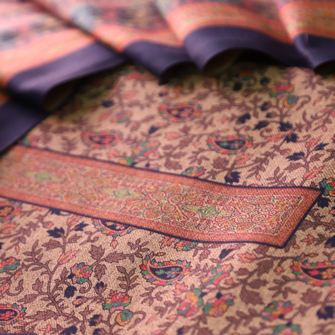 कल्याणी Beige with Blue All Over Kanni Floral Printed Semi Pashmina Winter Set