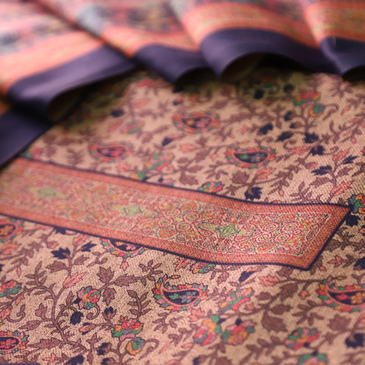 कल्याणी Beige with Blue All Over Kanni Floral Printed Semi Pashmina Winter Set