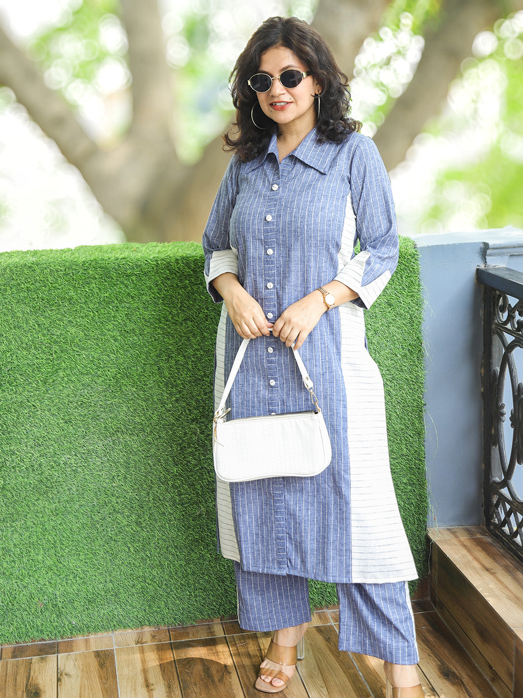 Reet Grey Panel Button Down Stripe Woven Linen Co-ord Set