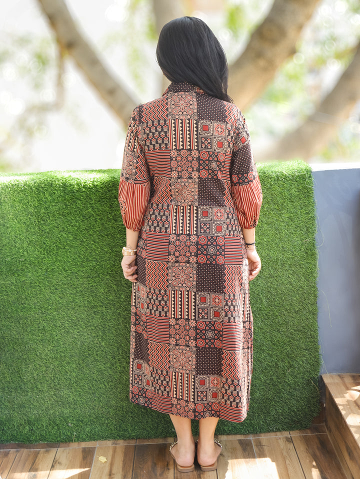 Joe Maroon Red Ajrak Printed Cotton Dress