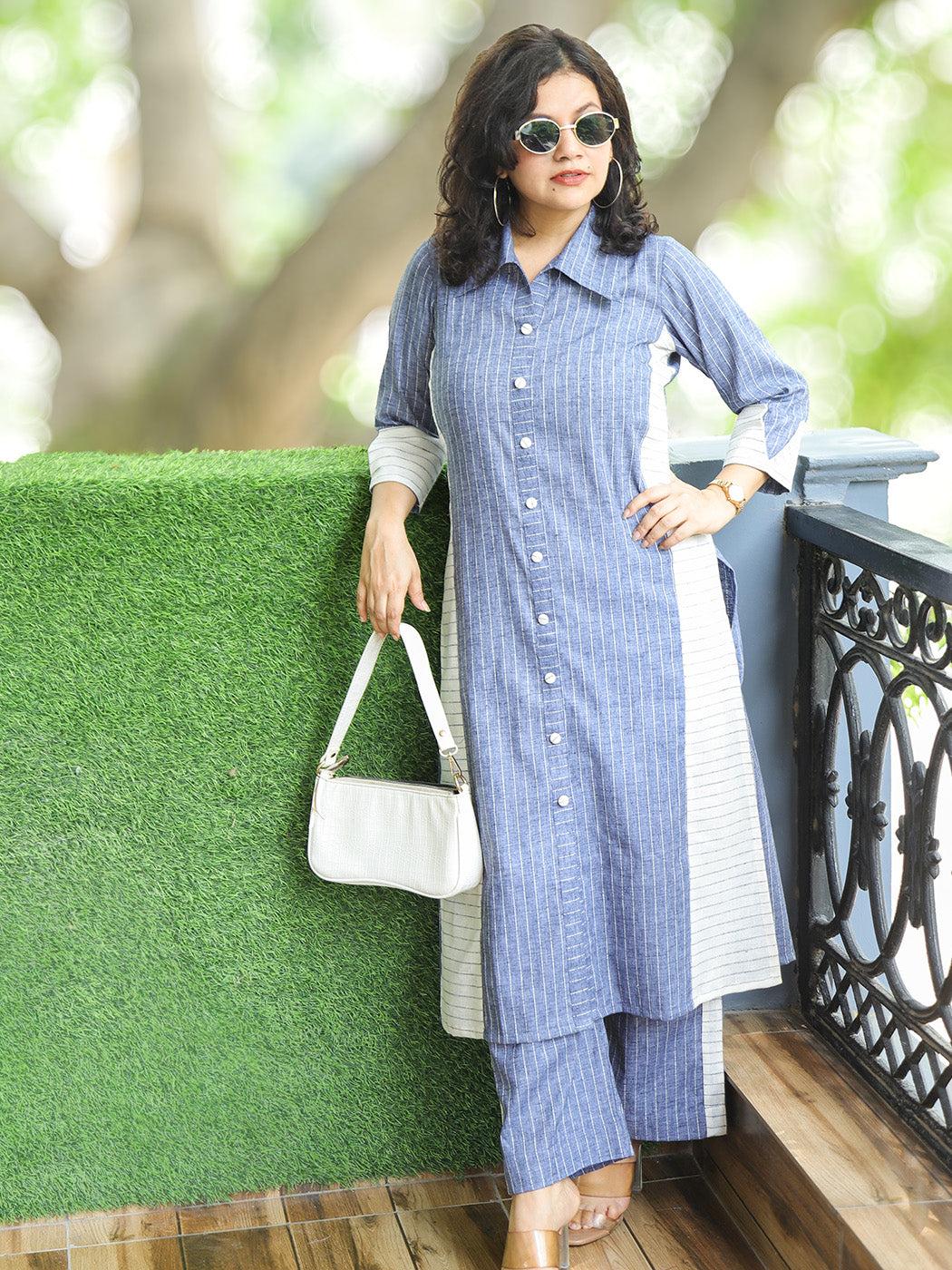 Reet Grey Panel Button Down Stripe Woven Linen Co-ord Set