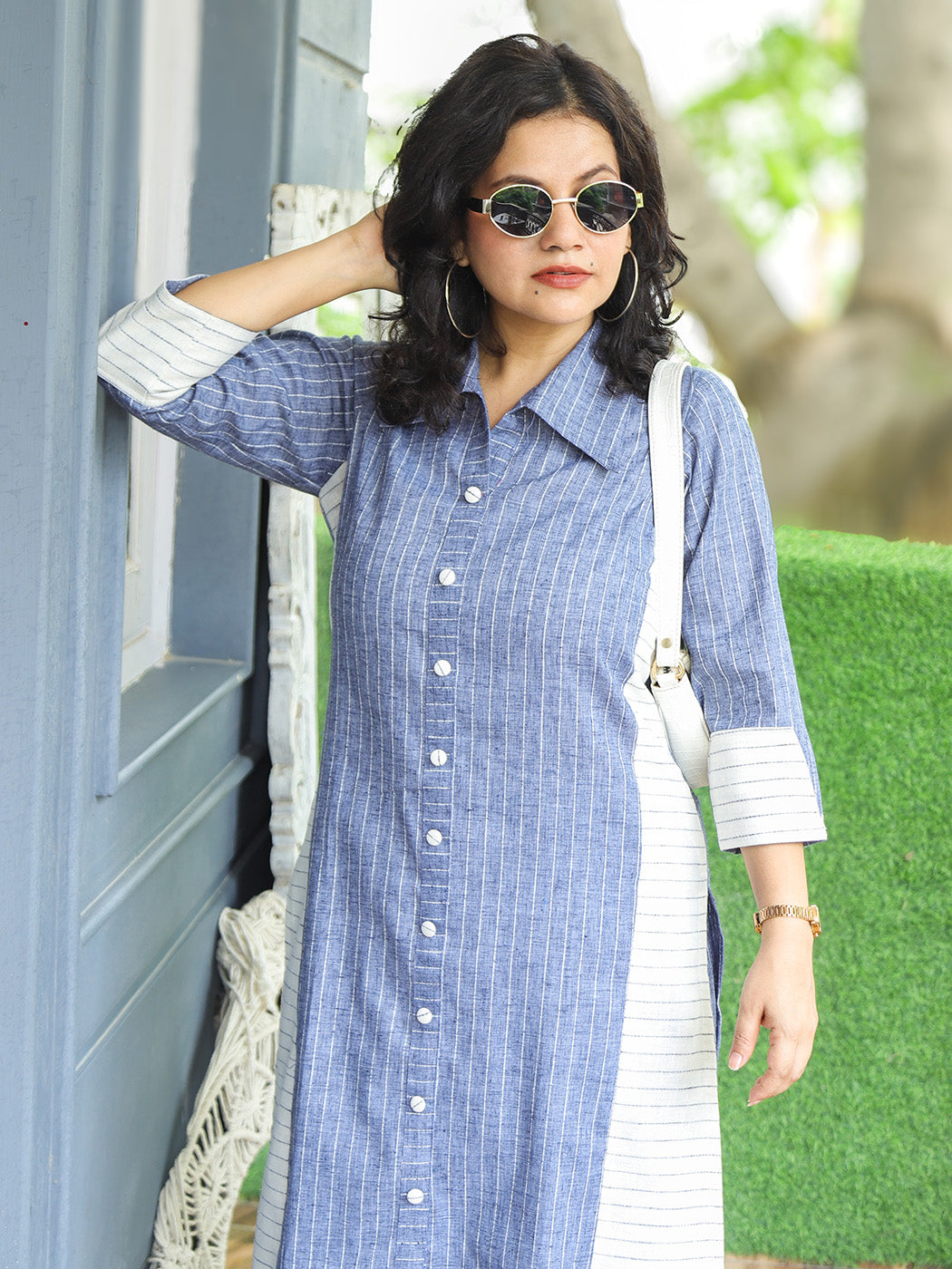 Reet Grey Panel Button Down Stripe Woven Linen Co-ord Set