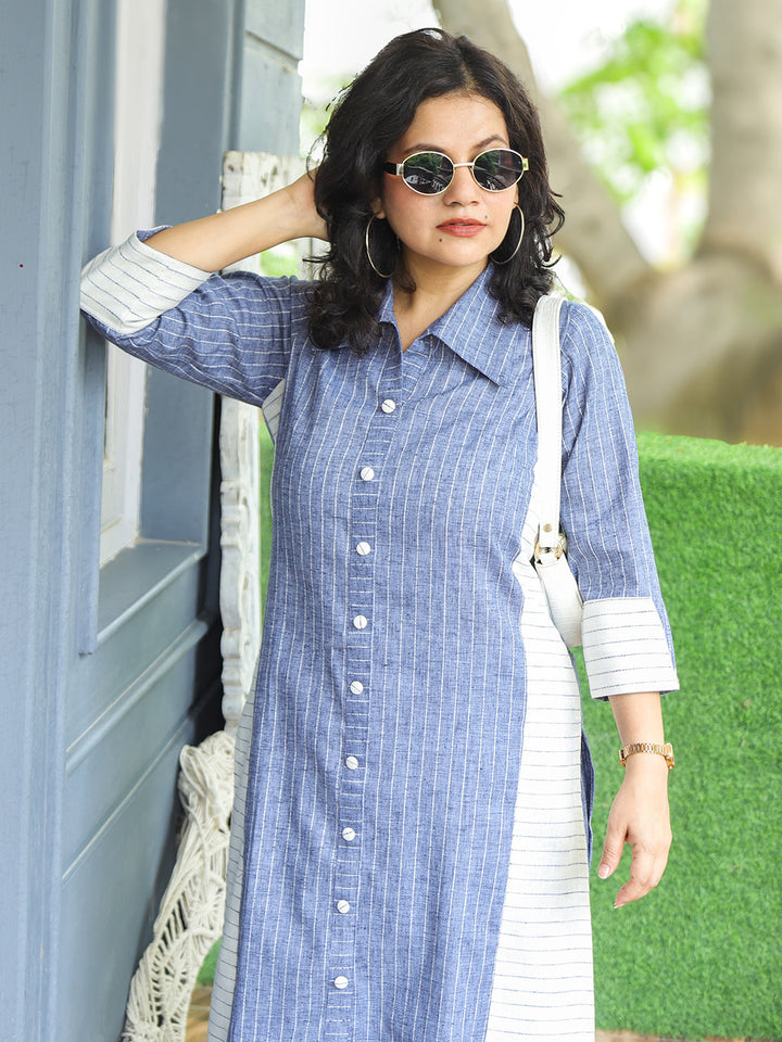 Reet Grey Panel Button Down Stripe Woven Linen Co-ord Set