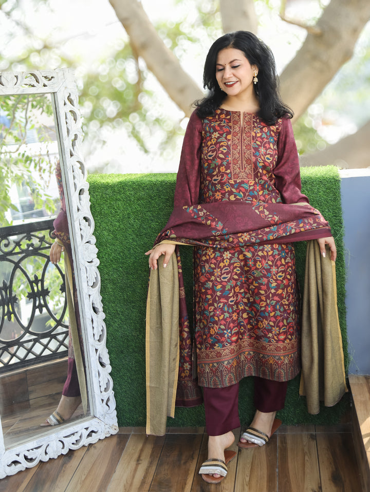 Saawari Mahogany Wine Round Neck Kanni Print Semi Pashmina 3 Piece Set
