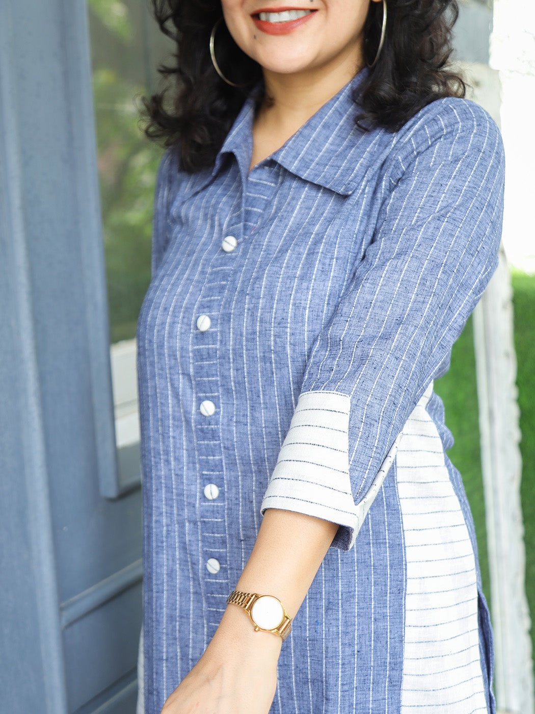 Reet Grey Panel Button Down Stripe Woven Linen Co-ord Set