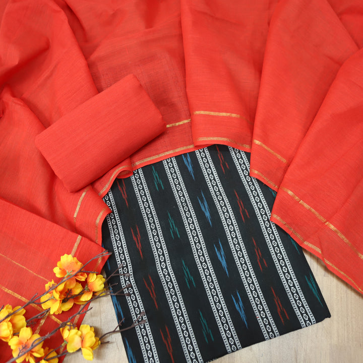 Droupadi Ebony Black All Over Thread and Sambhalpuri Ikkat Style Weaved Cotton Set