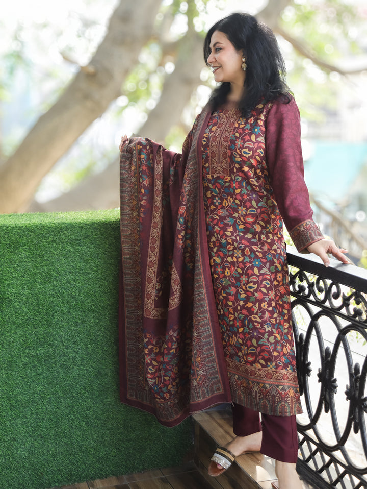 Saawari Mahogany Wine Round Neck Kanni Print Semi Pashmina 3 Piece Set