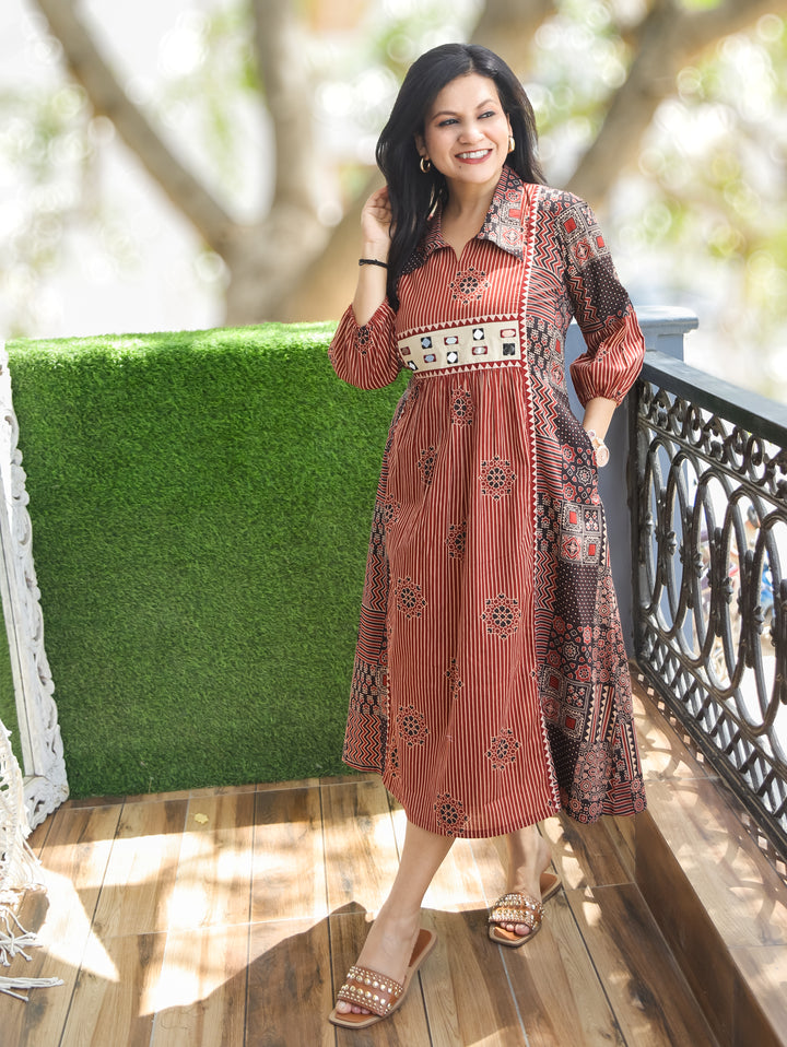 Joe Maroon Red Ajrak Printed Cotton Dress