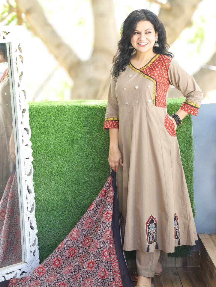 Sharvari Tan Hazel Ajrak with Mirror Angrakha Style Anarkali Cotton 3 Piece with Pocket