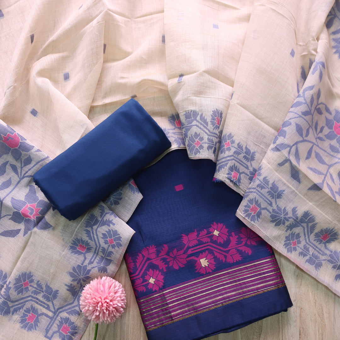 Surya Royal Blue Floral Authentic Jamdani Weaved Suit Set