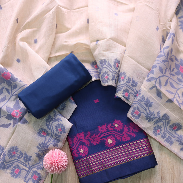 Surya Royal Blue Floral Authentic Jamdani Weaved Suit Set