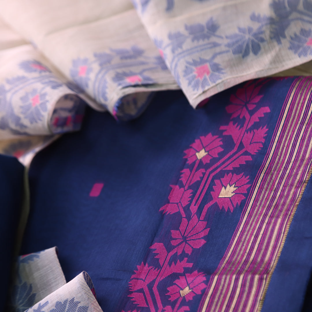 Surya Royal Blue Floral Authentic Jamdani Weaved Suit Set