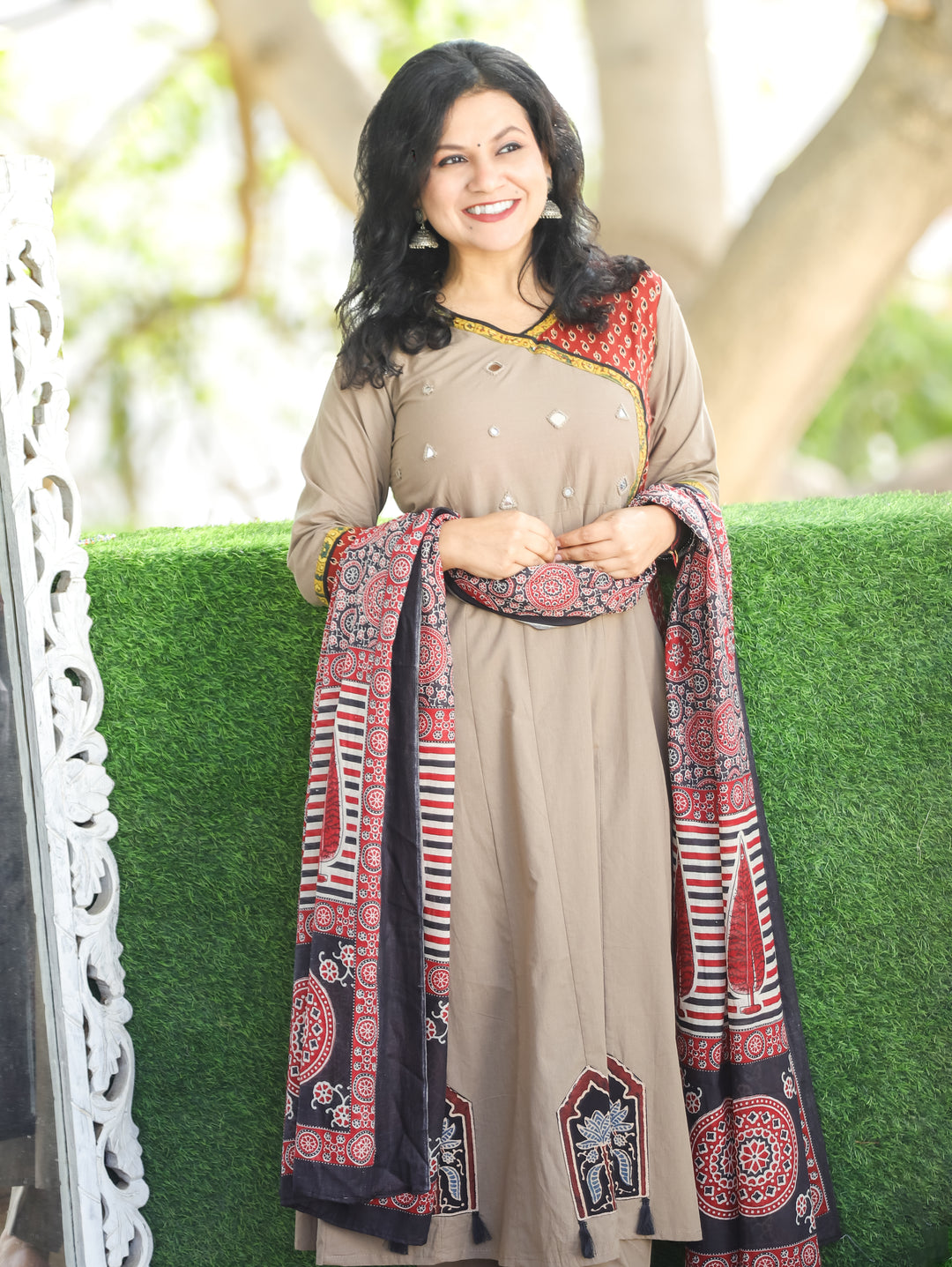 Sharvari Tan Hazel Ajrak with Mirror Angrakha Style Anarkali Cotton 3 Piece with Pocket