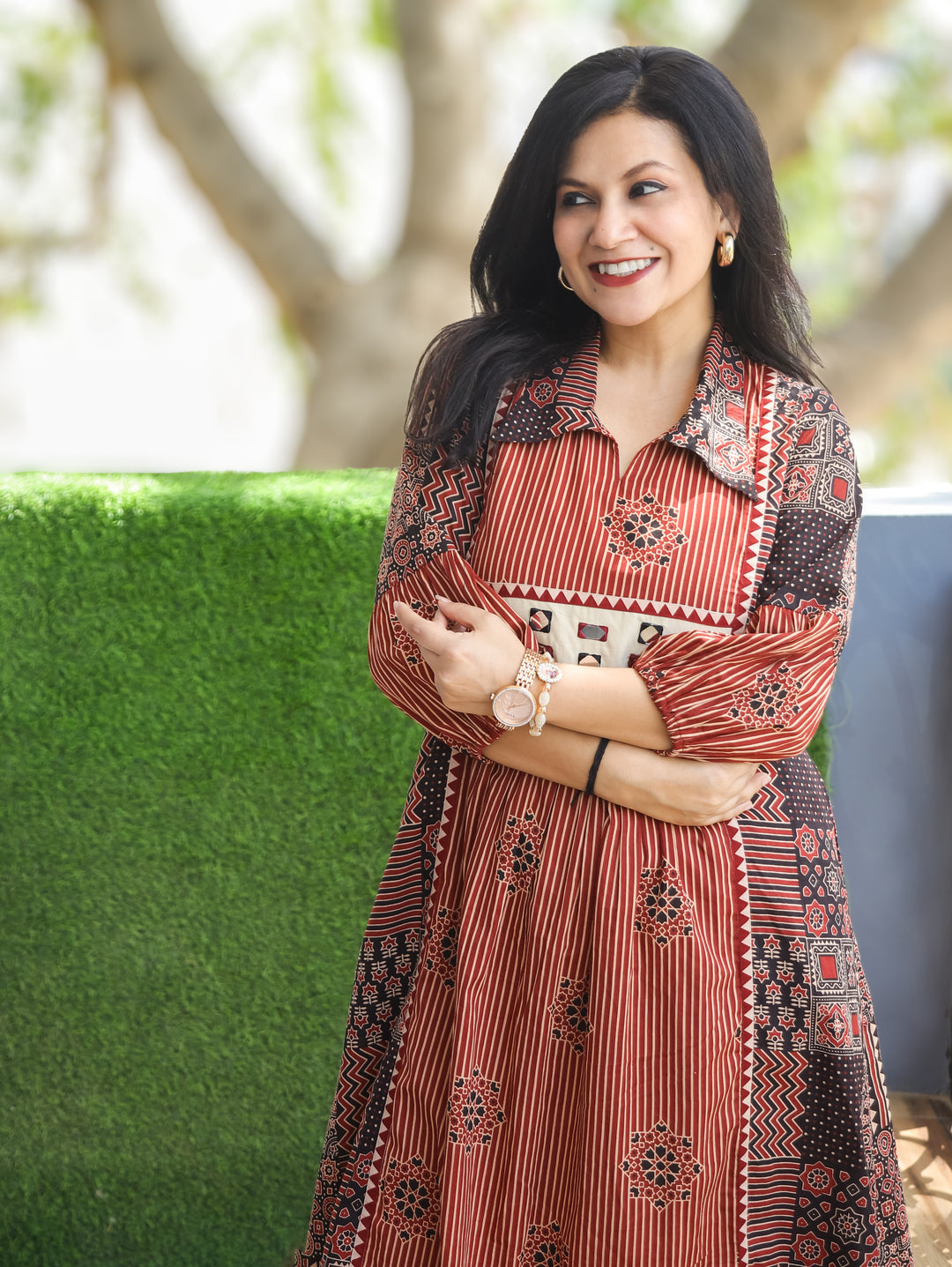 Joe Maroon Red Ajrak Printed Cotton Dress