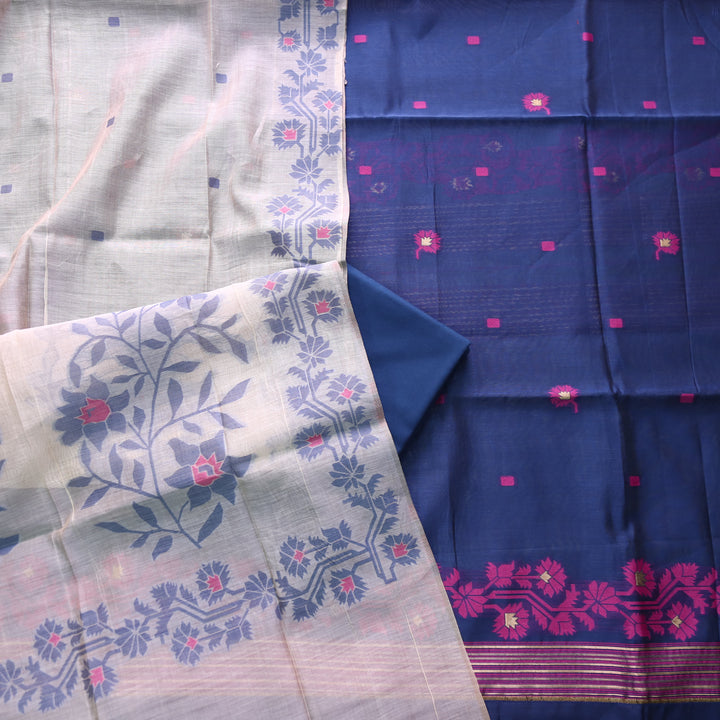Surya Royal Blue Floral Authentic Jamdani Weaved Suit Set