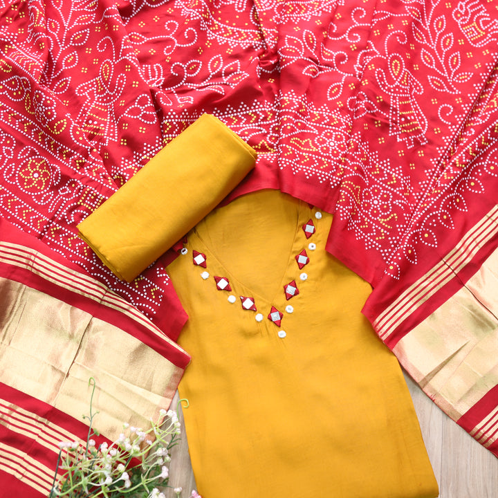 Paaki Sunflower Yellow Mirror Work V Neck Roman Silk Suit Set