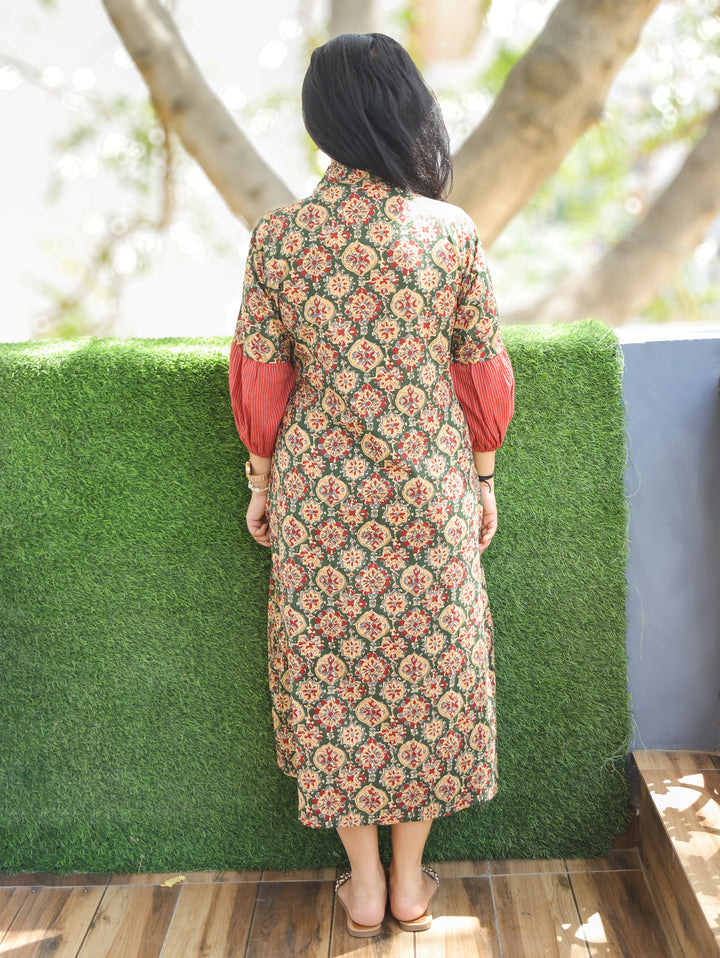 Joe Barn Red Mirror Work Kalamkari Cotton Dress